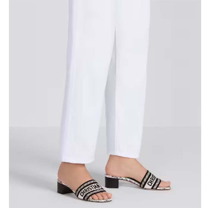 Dior Women CD Dway Heeled Slide White Black Embroidered Cotton Plan De Paris