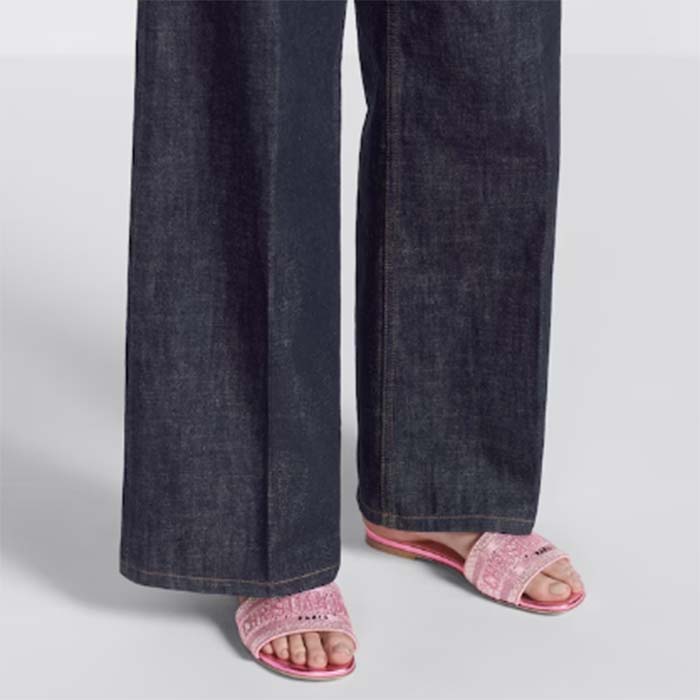 Dior Women CD Dway Slide Pink Cotton Embroidered Metallic Thread Strass