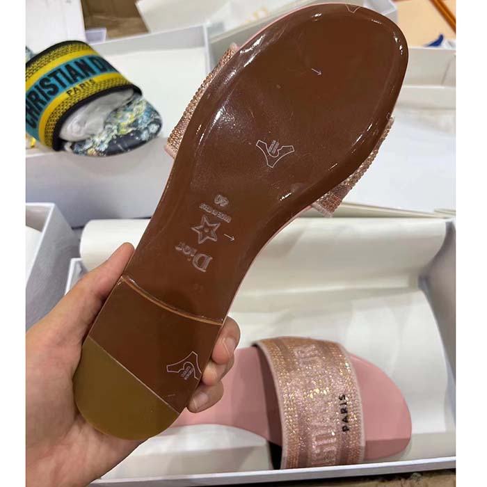Dior Women CD Dway Slide Pink Cotton Embroidered Metallic Thread Strass