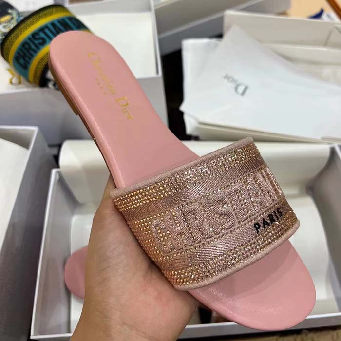 Dior Women CD Dway Slide Pink Cotton Embroidered Metallic Thread Strass