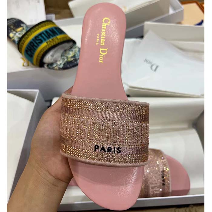 Dior Women CD Dway Slide Pink Cotton Embroidered Metallic Thread Strass