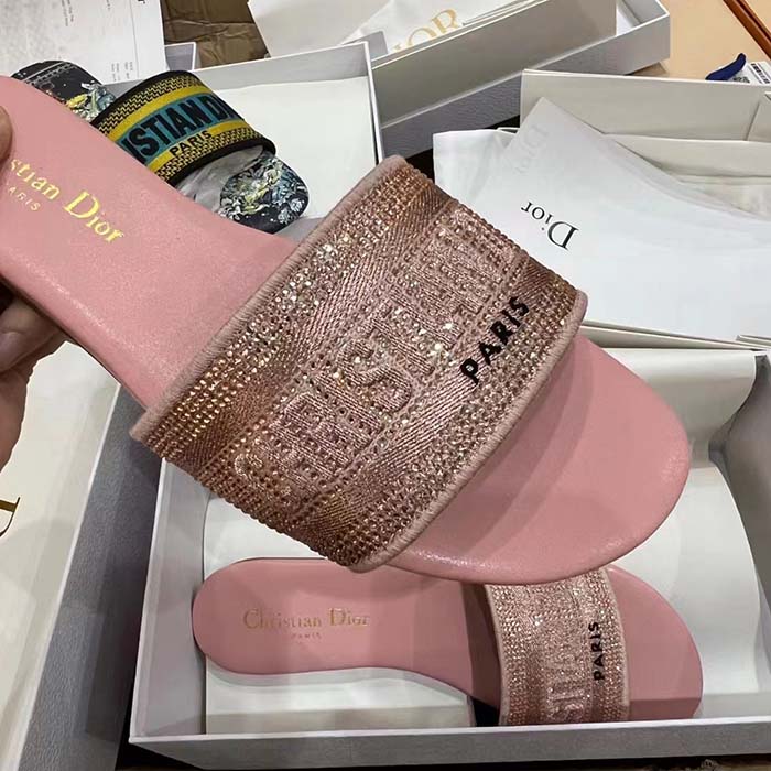 Dior Women CD Dway Slide Pink Cotton Embroidered Metallic Thread Strass