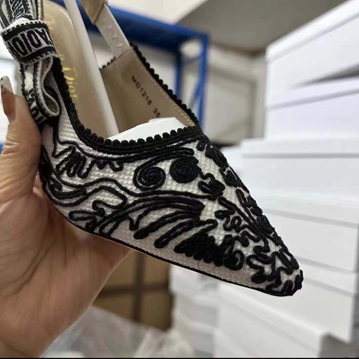 Dior Women CD J’Adior Slingback Pump Black White Ornamental Cotton Cornely Embroidery