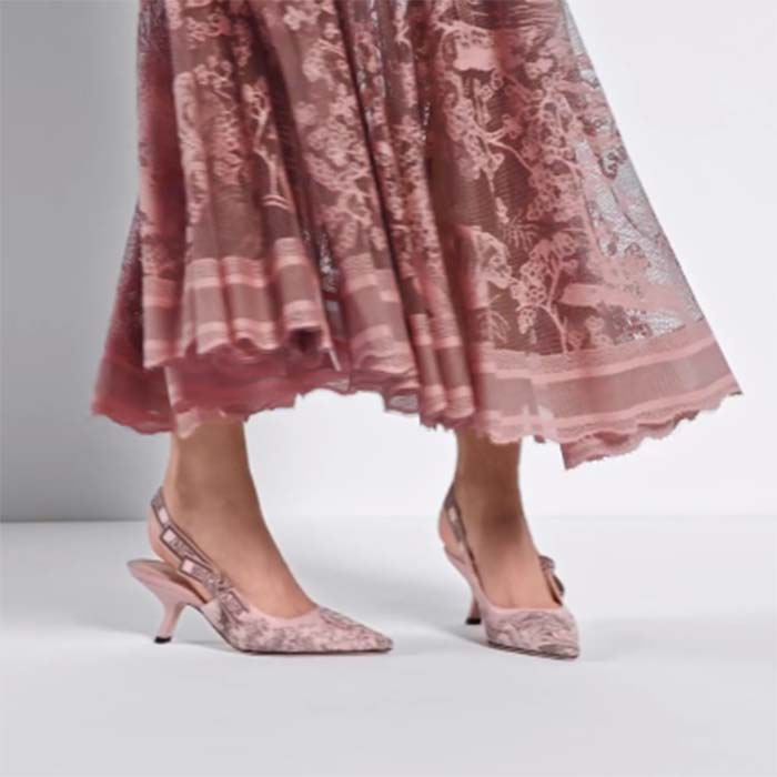 Dior Women CD J’Adior Slingback Pump Pink Gray Embroidered Cotton Toile De Jouy Sauvage