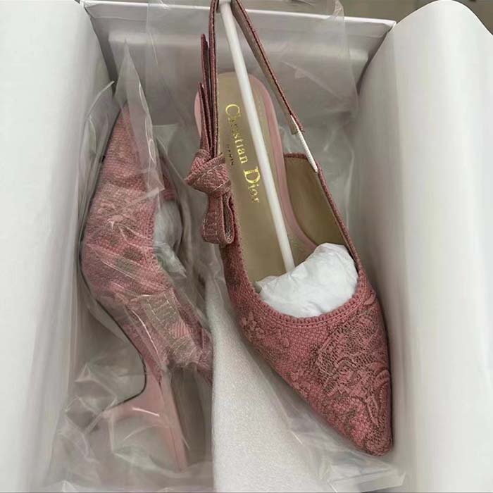 Dior Women CD J’Adior Slingback Pump Pink Gray Embroidered Cotton Toile De Jouy Sauvage