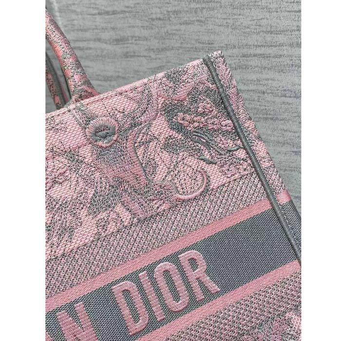 Dior Women CD Medium Book Tote Pink Gray Toile De Jouy Sauvage Embroidery