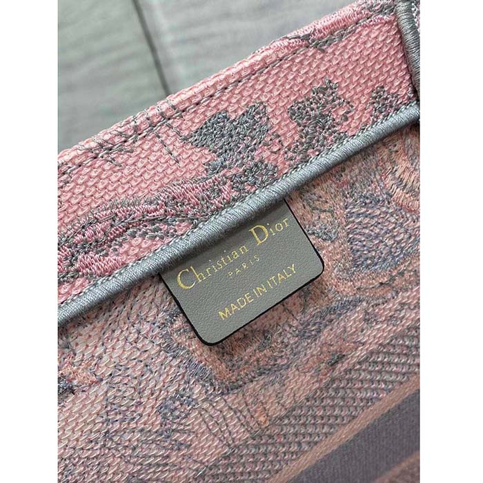 Dior Women CD Medium Book Tote Pink Gray Toile De Jouy Sauvage Embroidery