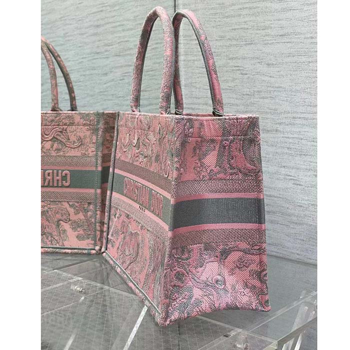 Dior Women CD Medium Book Tote Pink Gray Toile De Jouy Sauvage Embroidery