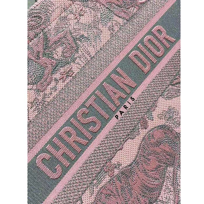 Dior Women CD Medium Book Tote Pink Gray Toile De Jouy Sauvage Embroidery