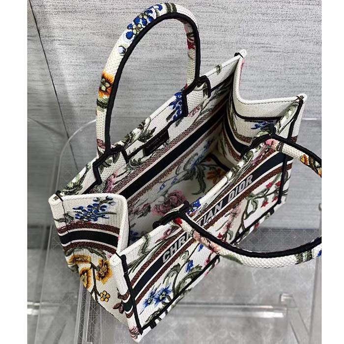 Dior Women CD Medium Book Tote White Multicolor Dior Petites Fleurs Embroidery