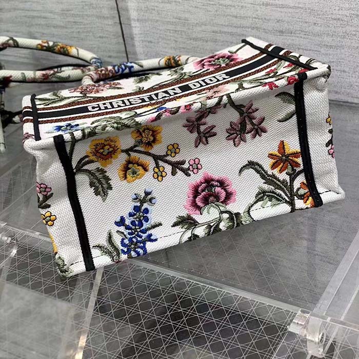 Dior Women CD Medium Book Tote White Multicolor Dior Petites Fleurs Embroidery
