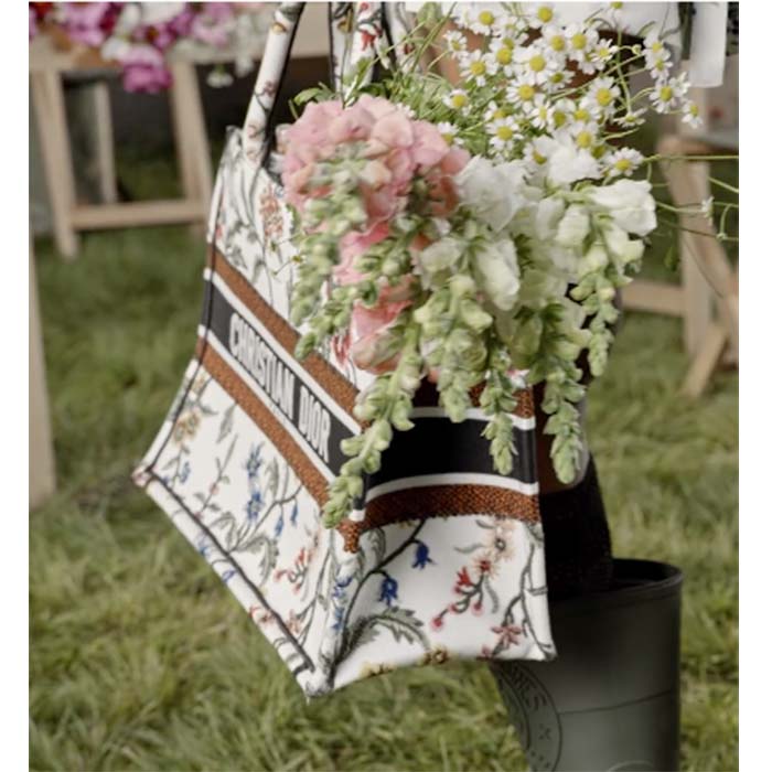 Dior Women CD Medium Book Tote White Multicolor Dior Petites Fleurs Embroidery