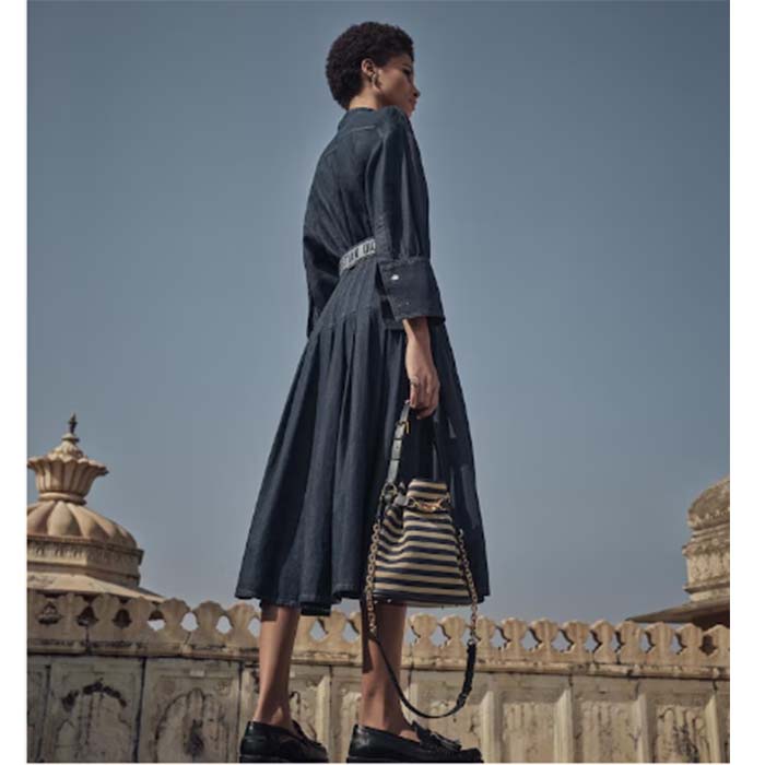 Dior Women CD Medium C’est Dior Bag Natural Denim Blue Marinière Raffia