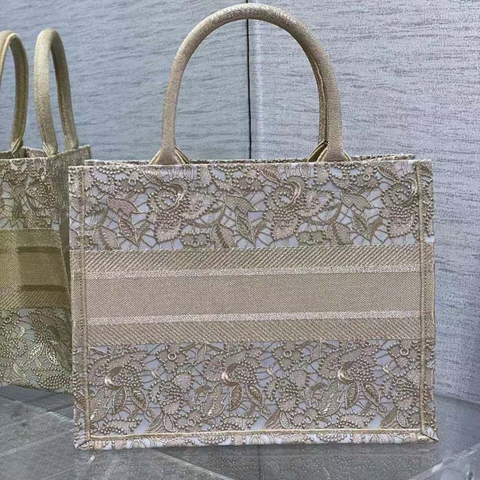 Dior Women CD Medium Dior Book Tote D-Lace Embroidery Macramé Effect