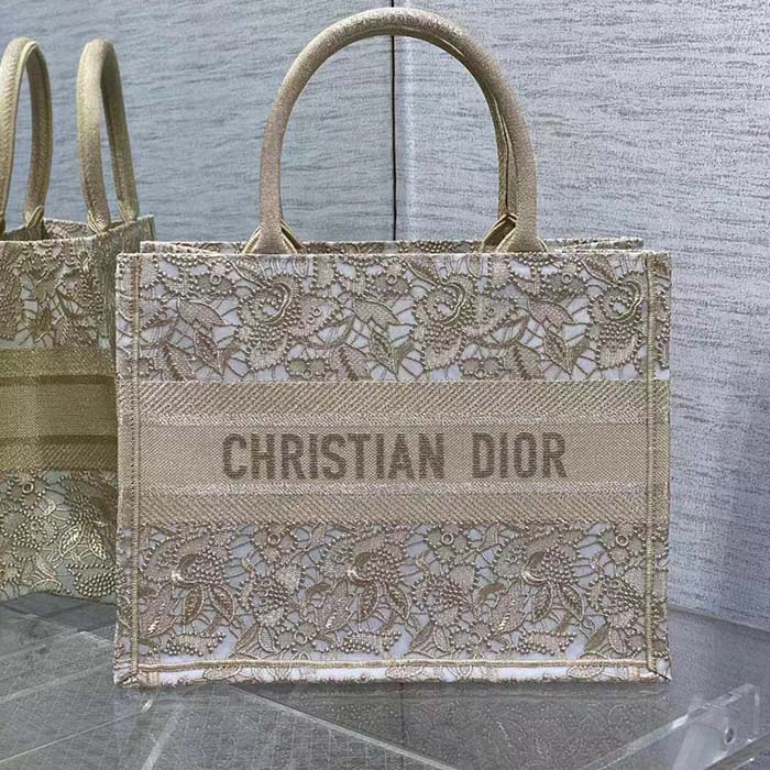 Dior Women CD Medium Dior Book Tote D-Lace Embroidery Macramé Effect