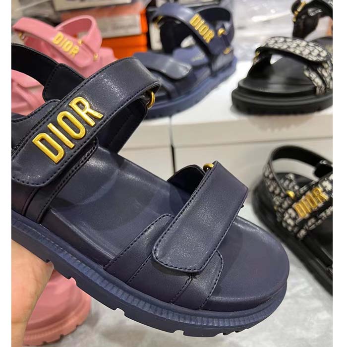 Dior Women CD Shoes DiorAct Sandal Royal Blue Lambskin Gold-Finish Metal Signature
