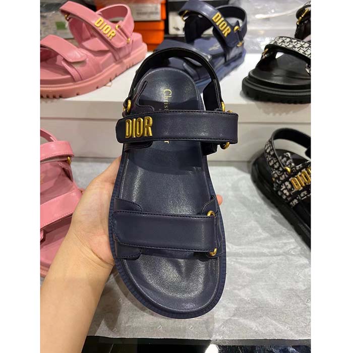 Dior Women CD Shoes DiorAct Sandal Royal Blue Lambskin Gold-Finish Metal Signature
