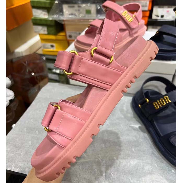 Dior Women CD Shoes DiorAct Sandal Pink Lambskin Gold-Finish Metal Signature