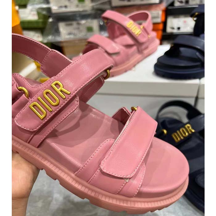 Dior Women CD Shoes DiorAct Sandal Pink Lambskin Gold-Finish Metal Signature