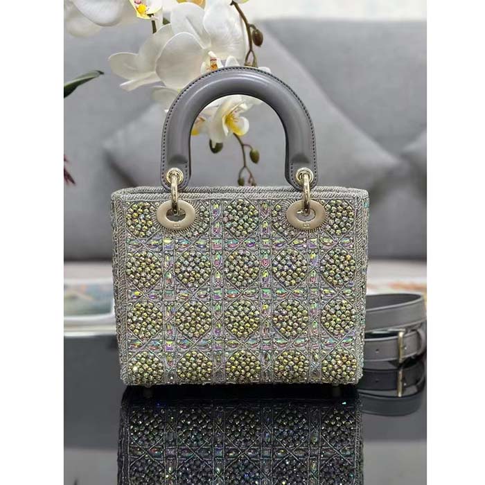 Dior Women CD Small Lady Dior Bag Gray Smooth Calfskin Satin Bead Embroidery