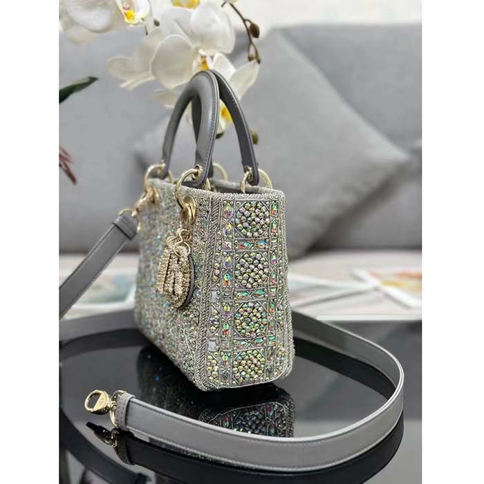 Dior Women CD Small Lady Dior Bag Gray Smooth Calfskin Satin Bead Embroidery