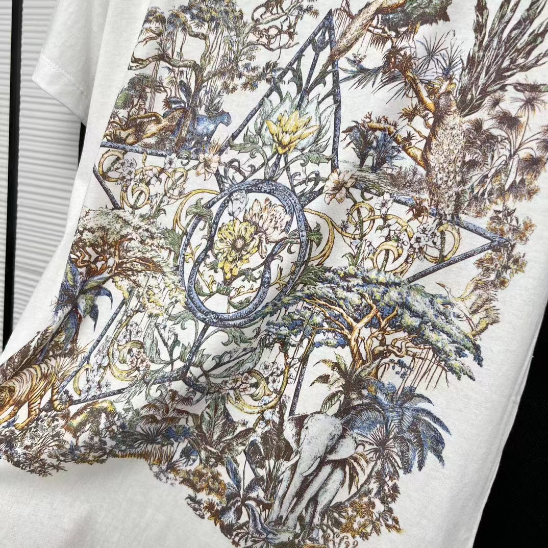 Dior Men CD T-Shirt White Cotton Linen Jersey Multicolor Étoile De Voyage Motif