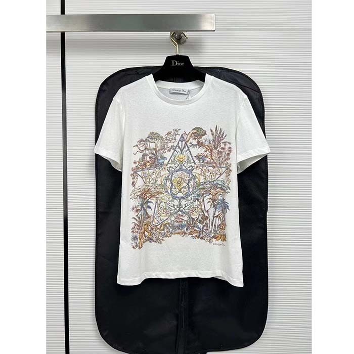 Dior Women CD T-Shirt White Cotton Linen Jersey Multicolor Étoile De Voyage Motif