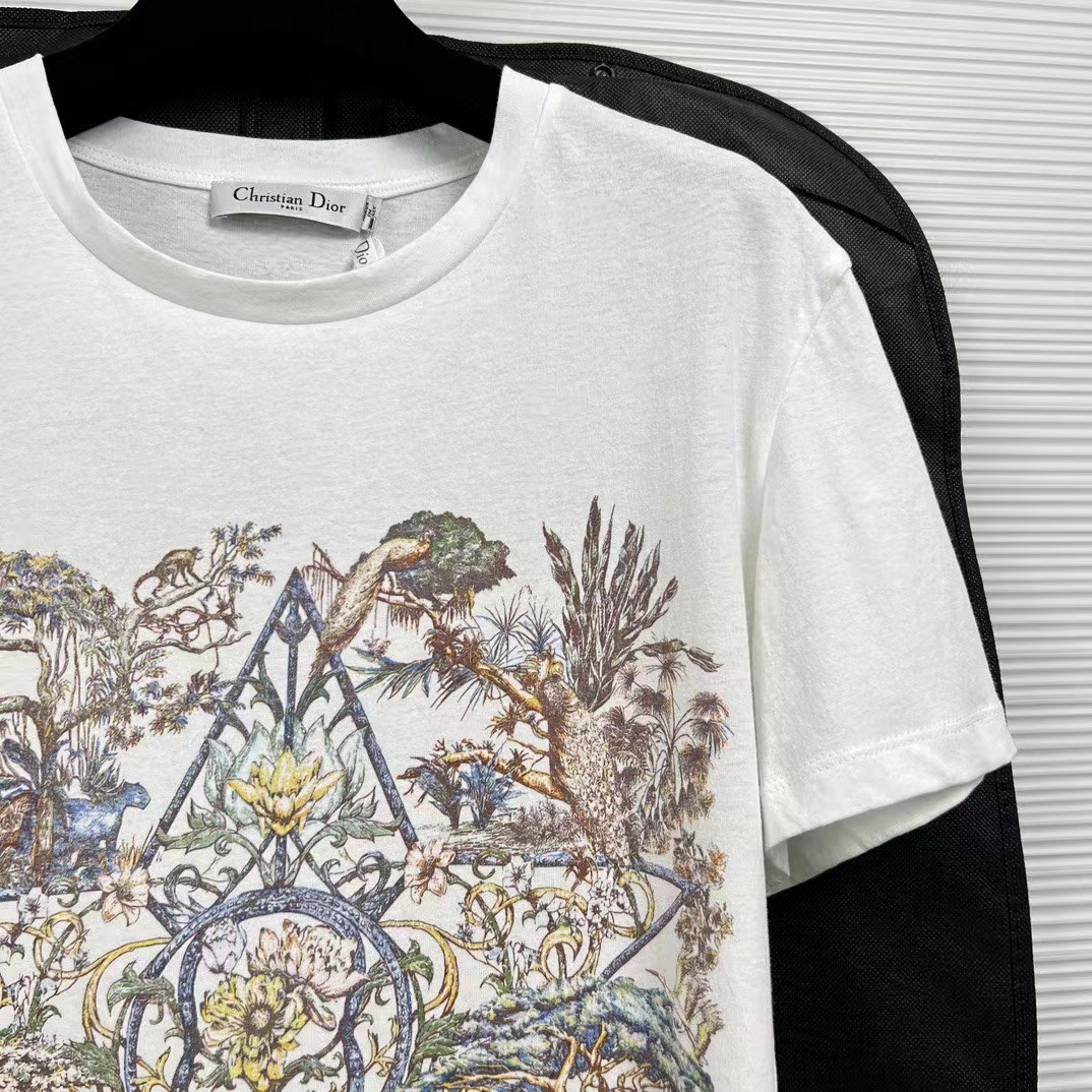 Dior Women CD T-Shirt White Cotton Linen Jersey Multicolor Étoile De Voyage Motif