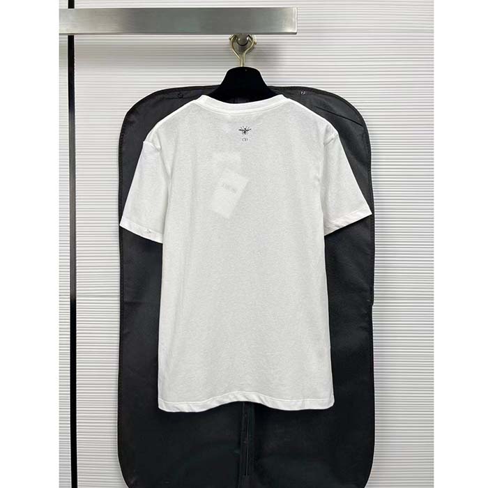 Dior Women CD T-Shirt White Cotton Linen Jersey Multicolor Étoile De Voyage Motif