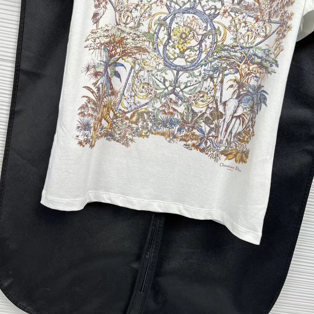 Dior Women CD T-Shirt White Cotton Linen Jersey Multicolor Étoile De Voyage Motif