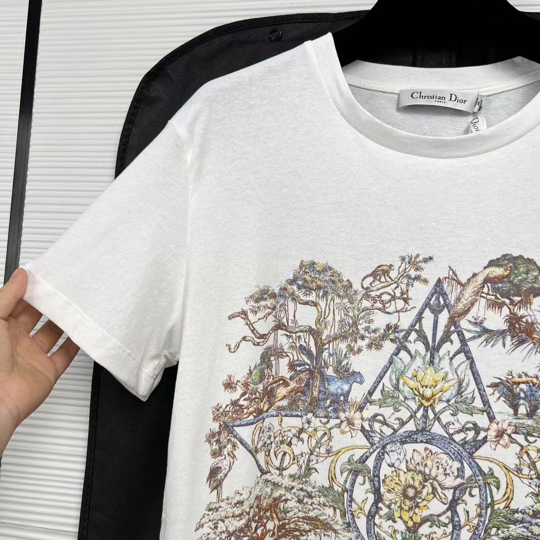 Dior Women CD T-Shirt White Cotton Linen Jersey Multicolor Étoile De Voyage Motif