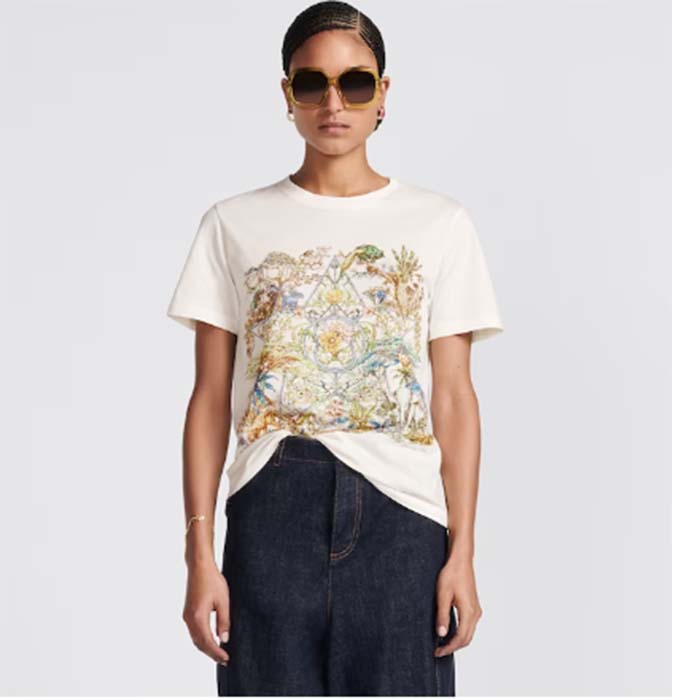Dior Women CD T-Shirt White Cotton Linen Jersey Multicolor Étoile De Voyage Motif