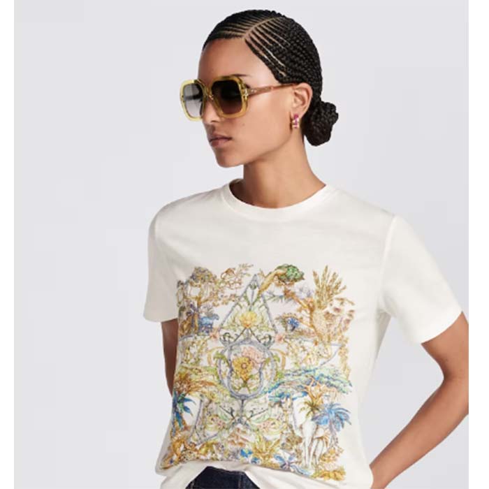 Dior Women CD T-Shirt White Cotton Linen Jersey Multicolor Étoile De Voyage Motif