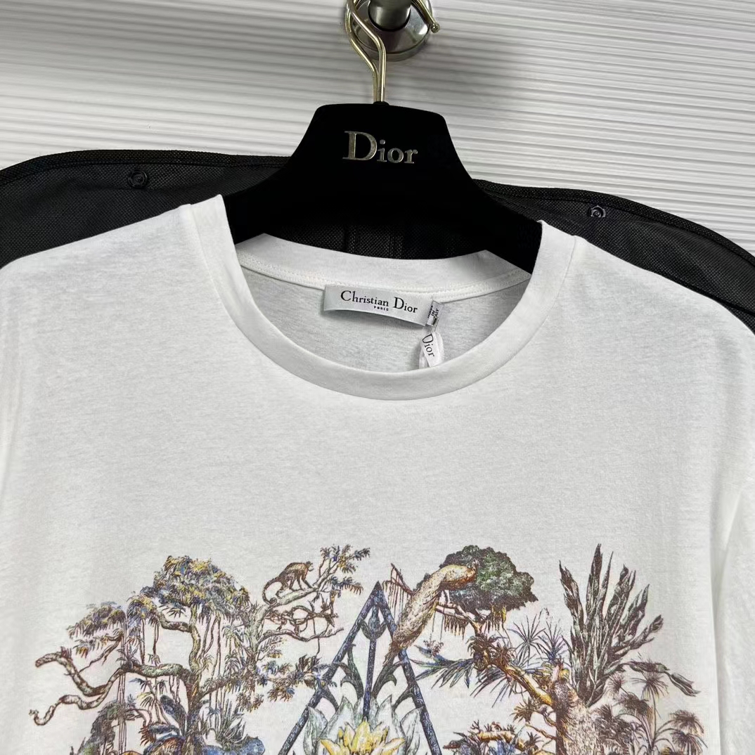 Dior Women CD T-Shirt White Cotton Linen Jersey Multicolor Étoile De Voyage Motif