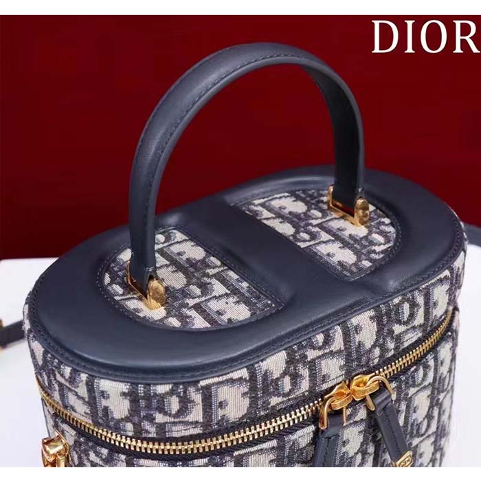 Dior Women Medium CD Signature Vanity Case Blue Oblique Jacquard Leather Handle
