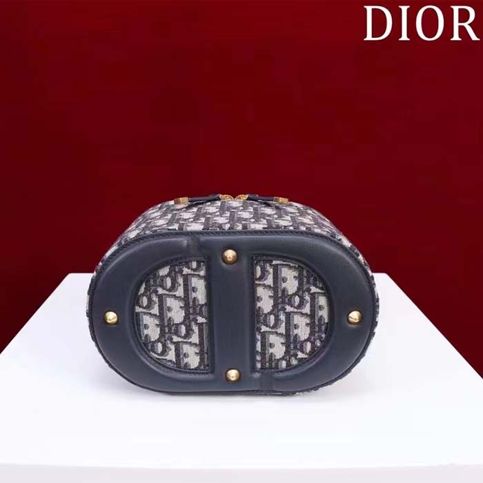 Dior Women Medium CD Signature Vanity Case Blue Oblique Jacquard Leather Handle