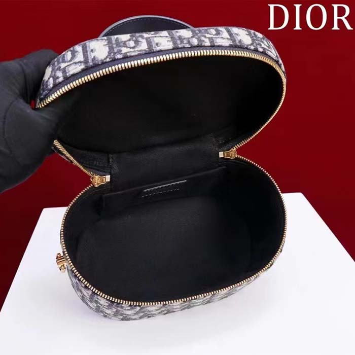 Dior Women Medium CD Signature Vanity Case Blue Oblique Jacquard Leather Handle