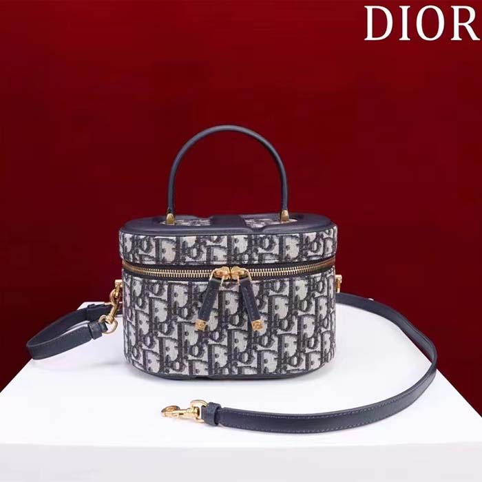 Dior Women Medium CD Signature Vanity Case Blue Oblique Jacquard Leather Handle