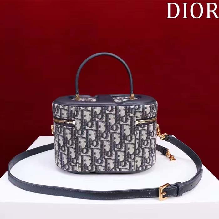 Dior Women Medium CD Signature Vanity Case Blue Oblique Jacquard Leather Handle