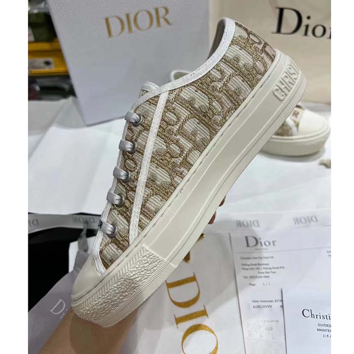 Dior Women Shoes CD Walk’N’Dior Platform Sneaker Gold-Tone Oblique Cotton Metallic Thread Embroidery