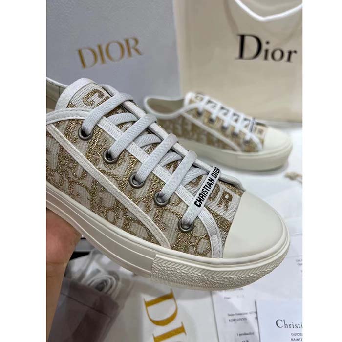 Dior Women Shoes CD Walk’N’Dior Platform Sneaker Gold-Tone Oblique Cotton Metallic Thread Embroidery