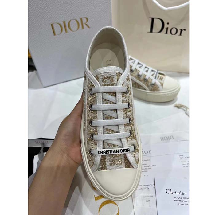 Dior Women Shoes CD Walk’N’Dior Platform Sneaker Gold-Tone Oblique Cotton Metallic Thread Embroidery