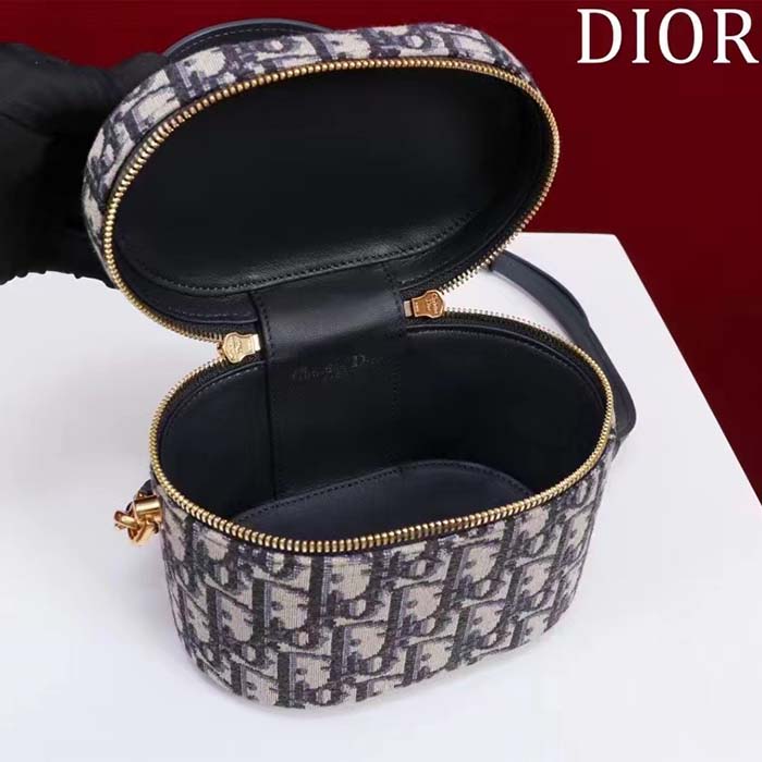 Dior Women Small CD Signature Vanity Case Blue Oblique Jacquard Leather Handle