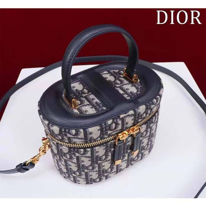 Dior Women Small CD Signature Vanity Case Blue Oblique Jacquard Leather Handle