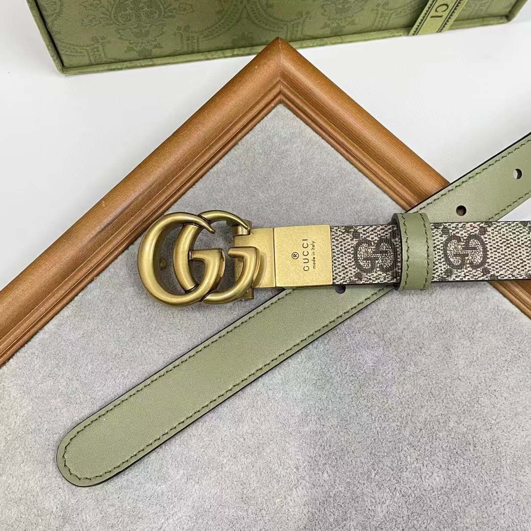 Gucci GG Unisex Marmont Reversible Thin Belt Beige Ebony GG Supreme Canvas