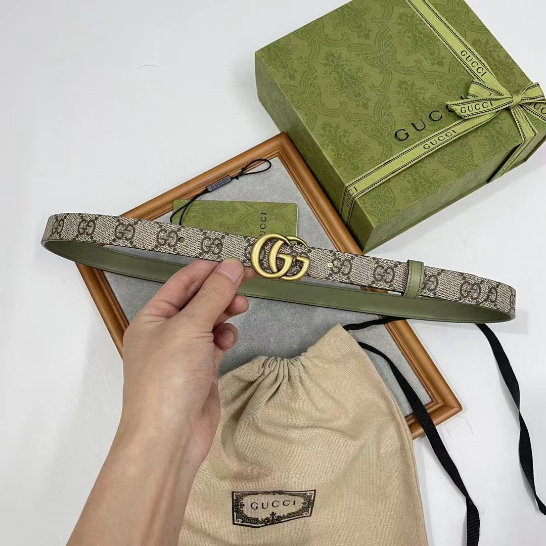 Gucci GG Unisex Marmont Reversible Thin Belt Beige Ebony GG Supreme Canvas