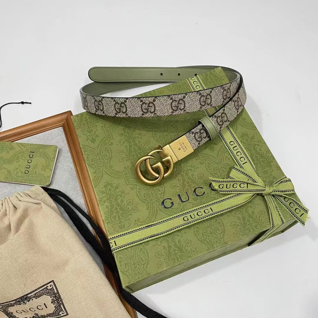 Gucci GG Unisex Marmont Reversible Thin Belt Beige Ebony GG Supreme Canvas