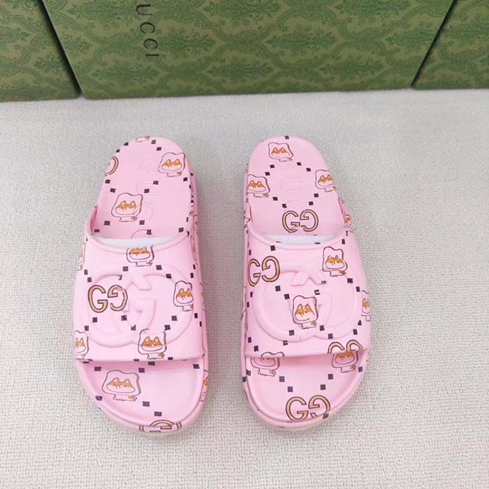 Gucci Unisex GG Animal Print Rubber Slide Sandal Pink Embossed Interlocking G Low Heel