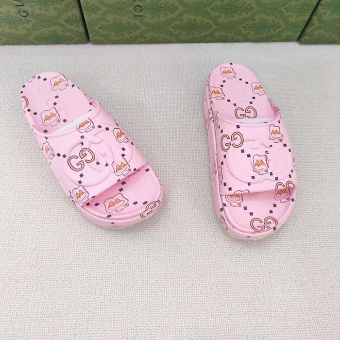 Gucci Unisex GG Animal Print Rubber Slide Sandal Pink Embossed Interlocking G Low Heel