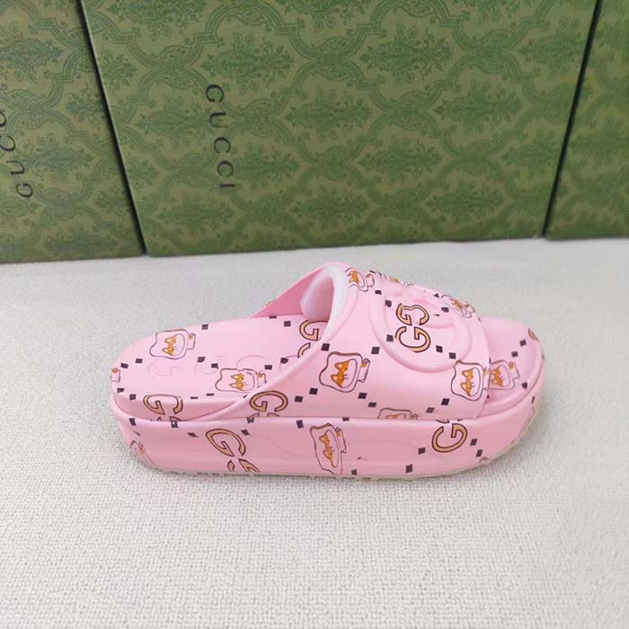 Gucci Unisex GG Animal Print Rubber Slide Sandal Pink Embossed Interlocking G Low Heel
